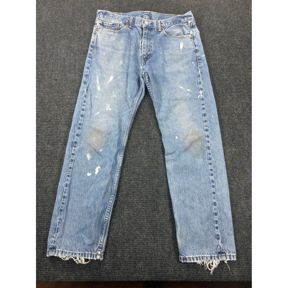 Levis 501 Original Fit Jeans Mens 36x32 Blue Distressed Paint Splatter Straight